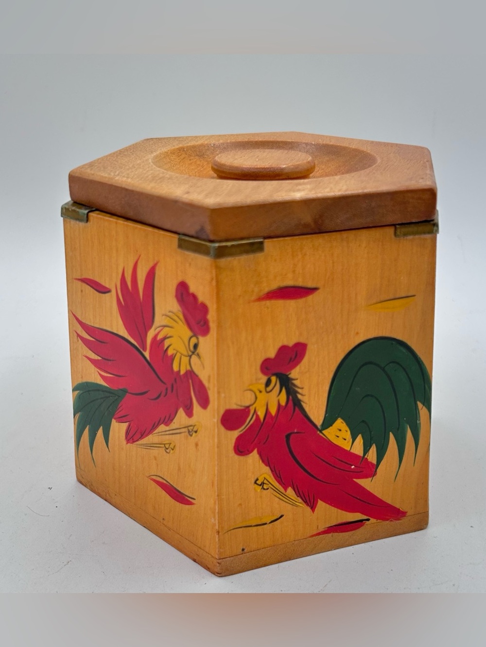 Vintage Rooster Wood Nesting Canister Octagon Japan Brown Red Small 4.25"